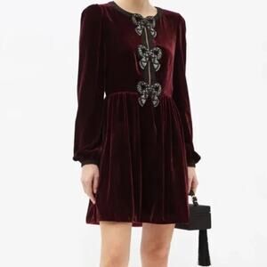 SALONI Burgundy Velvet Mini Dress rhinestone Bow Accents US 8